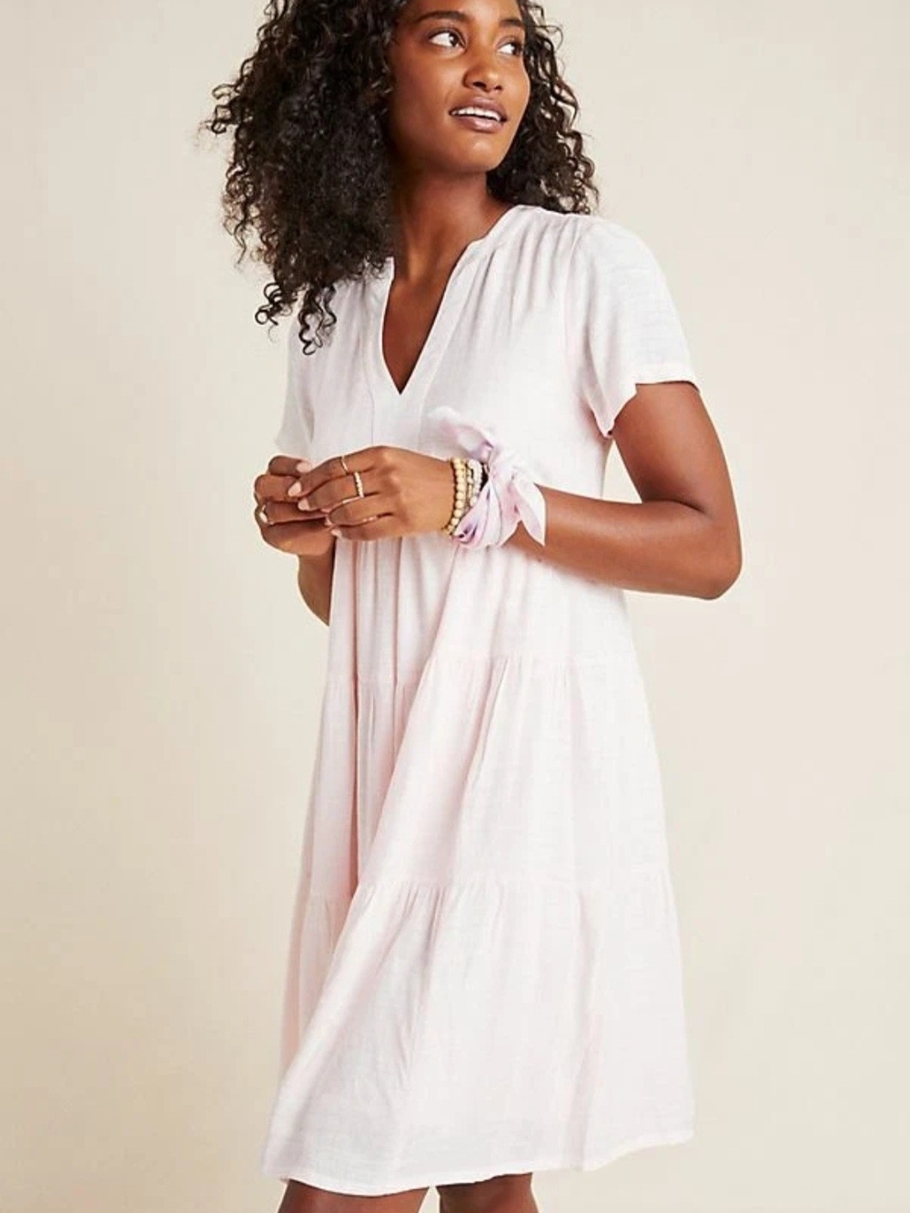 Maeve By Anthropologie Tania Light Pink Tiered V-Neck Tunic Dress Sz M